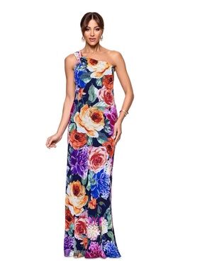 XSCAPE One Shoulder Floral Chiffon Dress Multicolor Long Length Size 4 $199 NWT